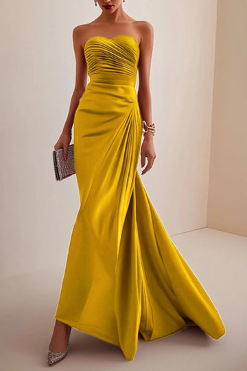 Yellow Strapless Sheath Ruched Satin Formal Dress